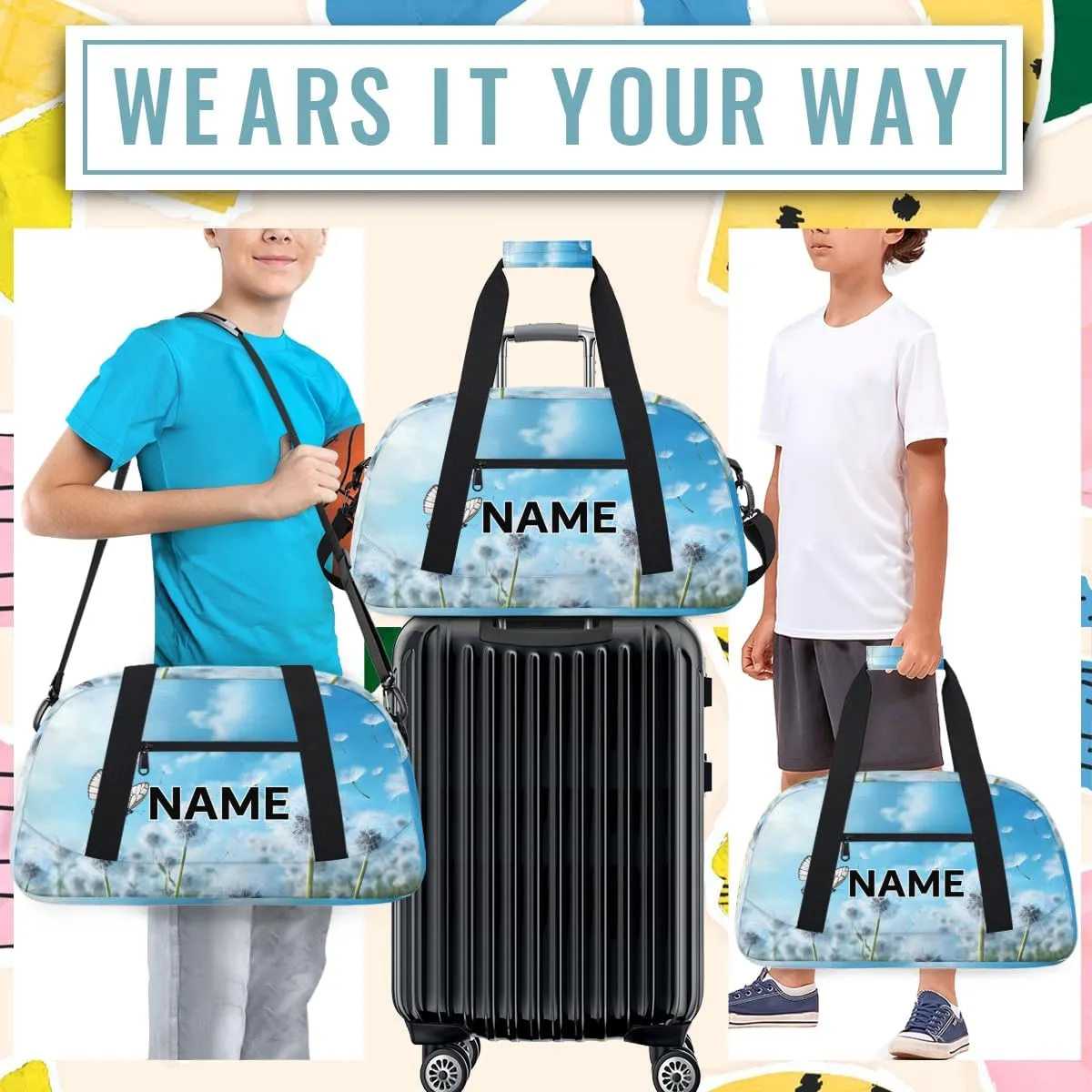 Custom Butterfly Spring Small Gym Bag 18 inch for Women Men Personalized Dandelion Carry On Overnight Weekender Bag for Travel Work Dance Sport