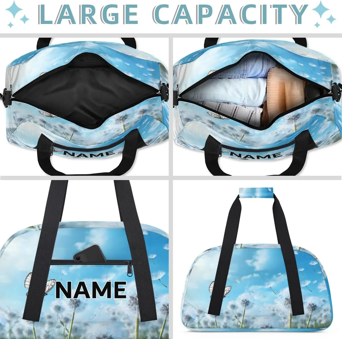 Custom Butterfly Spring Small Gym Bag 18 inch for Women Men Personalized Dandelion Carry On Overnight Weekender Bag for Travel Work Dance Sport