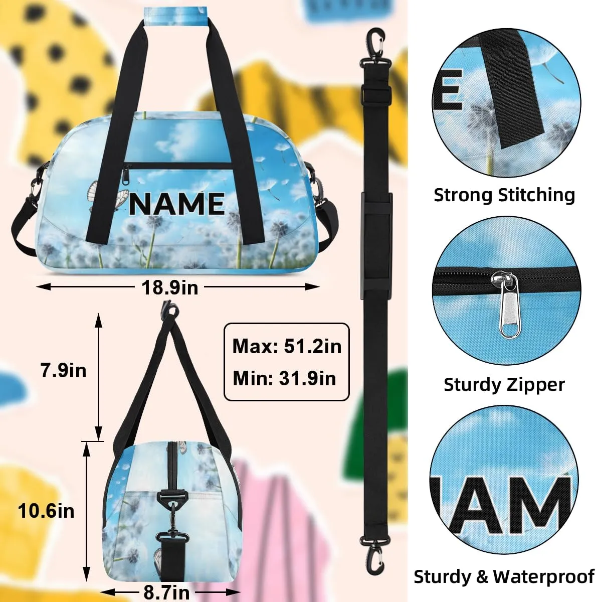 Custom Butterfly Spring Small Gym Bag 18 inch for Women Men Personalized Dandelion Carry On Overnight Weekender Bag for Travel Work Dance Sport
