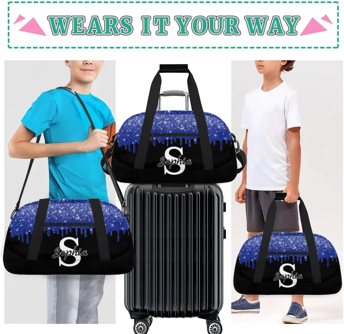 Custom Cheer Bag Dance Gym Bags for Women, Personalized Name Sport Duffel Bag Weekender Bags Travel Duffel Bags Sky Blue Glitter Fluid Personalized Gifts