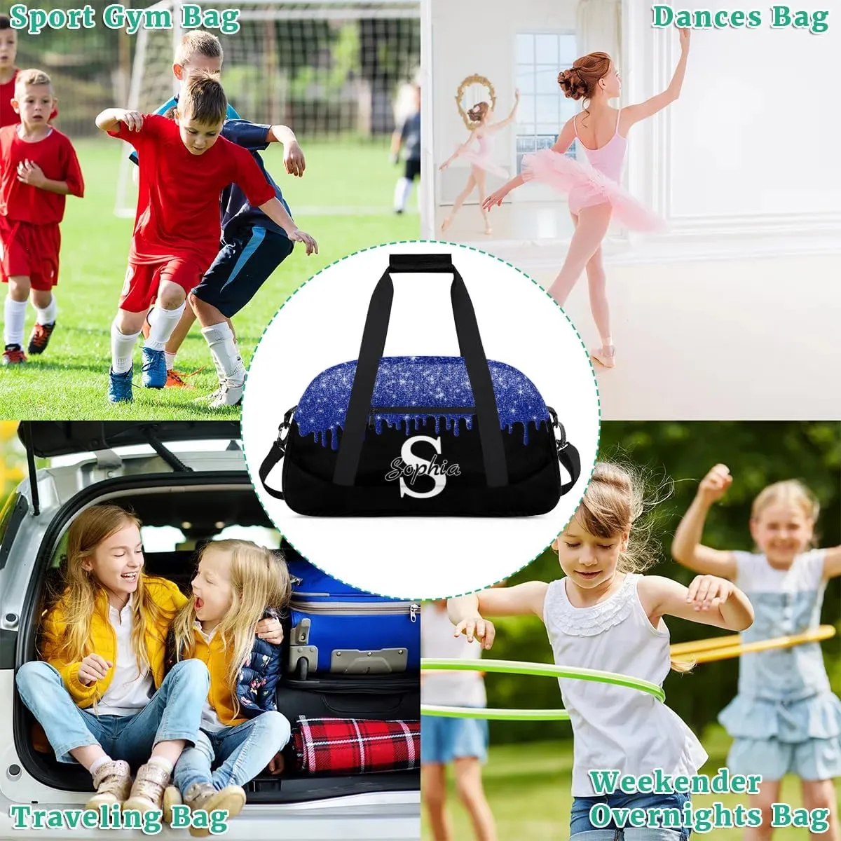 Custom Cheer Bag Dance Gym Bags for Women, Personalized Name Sport Duffel Bag Weekender Bags Travel Duffel Bags Sky Blue Glitter Fluid Personalized Gifts