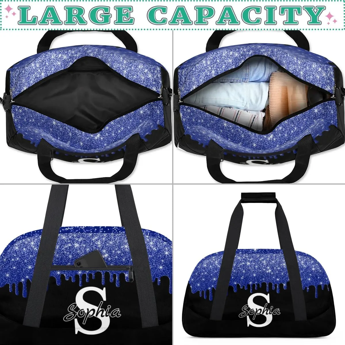 Custom Cheer Bag Dance Gym Bags for Women, Personalized Name Sport Duffel Bag Weekender Bags Travel Duffel Bags Sky Blue Glitter Fluid Personalized Gifts