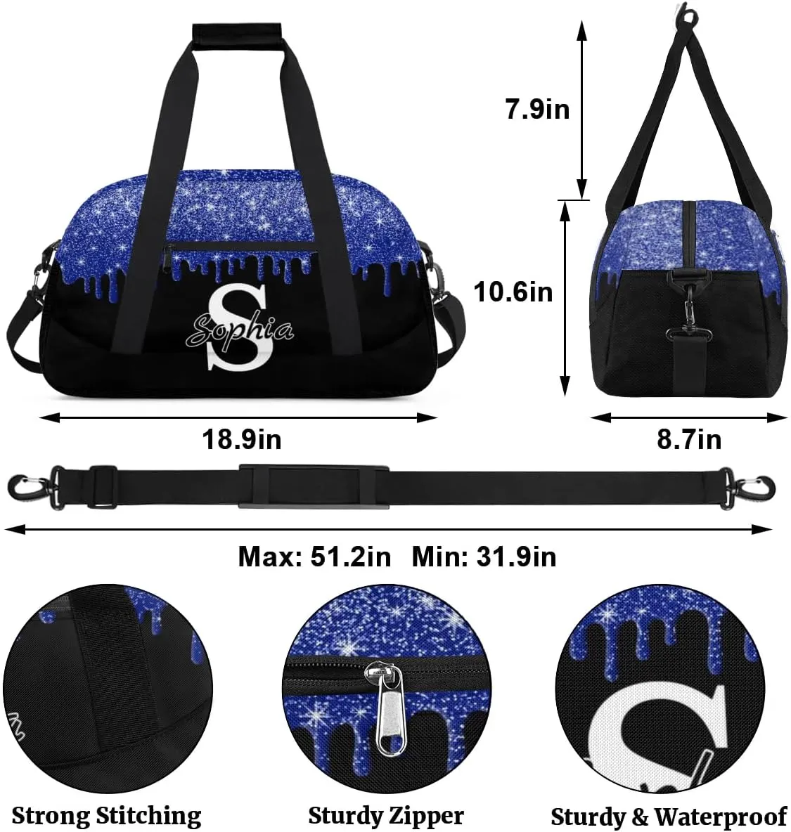 Custom Cheer Bag Dance Gym Bags for Women, Personalized Name Sport Duffel Bag Weekender Bags Travel Duffel Bags Sky Blue Glitter Fluid Personalized Gifts