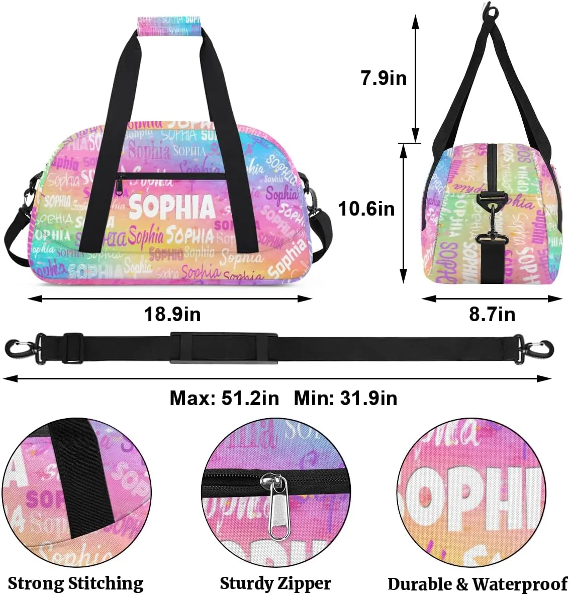 Custom Dance Bag Girls Sport Duffel Bag, Personalized Kids Gym Bag Customize Travel Duffle Bag with Name, Watercolor Colorful Pink