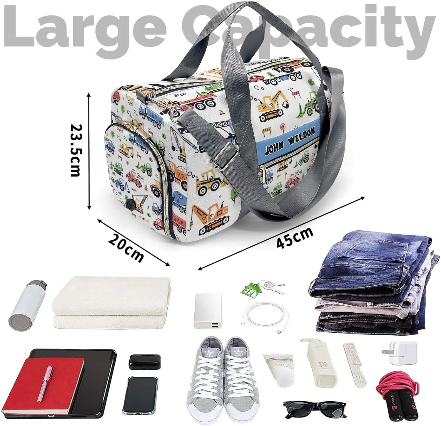 Custom Duffel Overnight Travel Bag for Sports Workout Girls Boys,Watercolor Wroom Truck Beep Personalized Duffle Bag Gifts