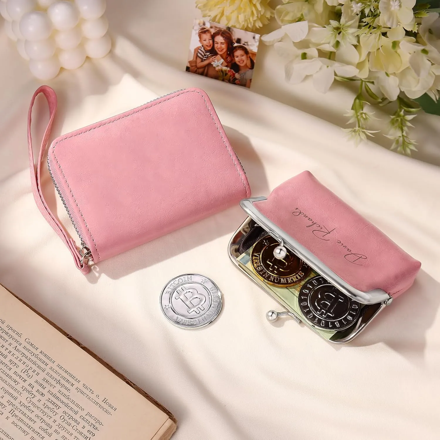 Custom Engraved Leather Wallet for Women - Multi-Function Coin Purse & Card Holder Gift for Mom, Wife Birthday, Mother's Day, Christmas, Anniversary (Pink-Name)