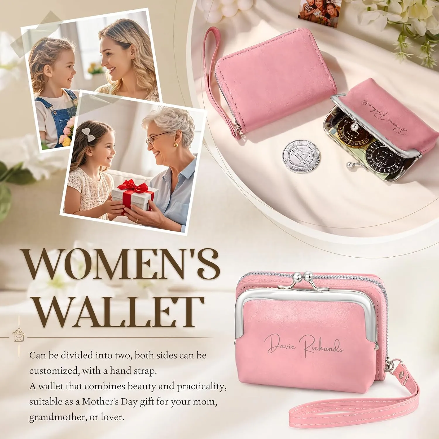 Custom Engraved Leather Wallet for Women - Multi-Function Coin Purse & Card Holder Gift for Mom, Wife Birthday, Mother's Day, Christmas, Anniversary (Pink-Name)