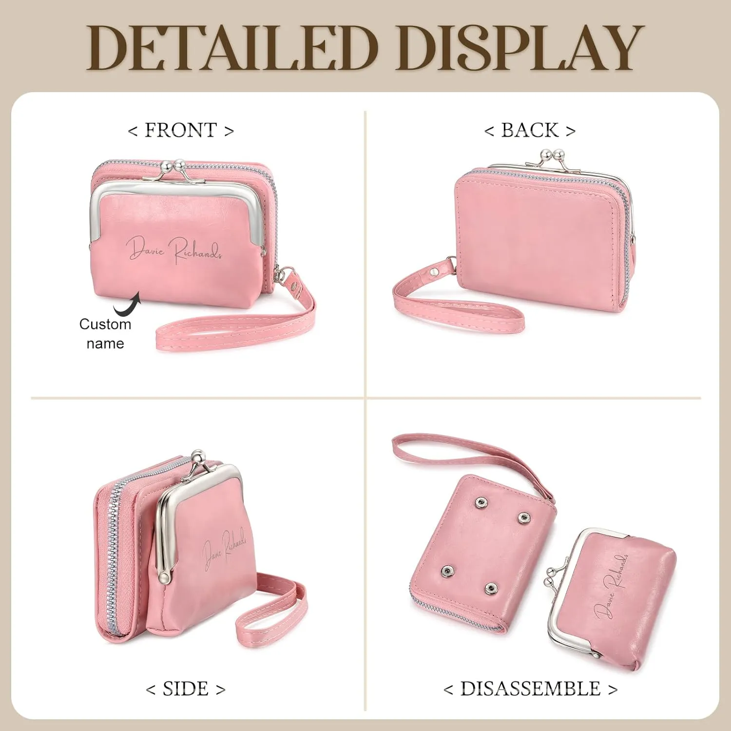 Custom Engraved Leather Wallet for Women - Multi-Function Coin Purse & Card Holder Gift for Mom, Wife Birthday, Mother's Day, Christmas, Anniversary (Pink-Name)