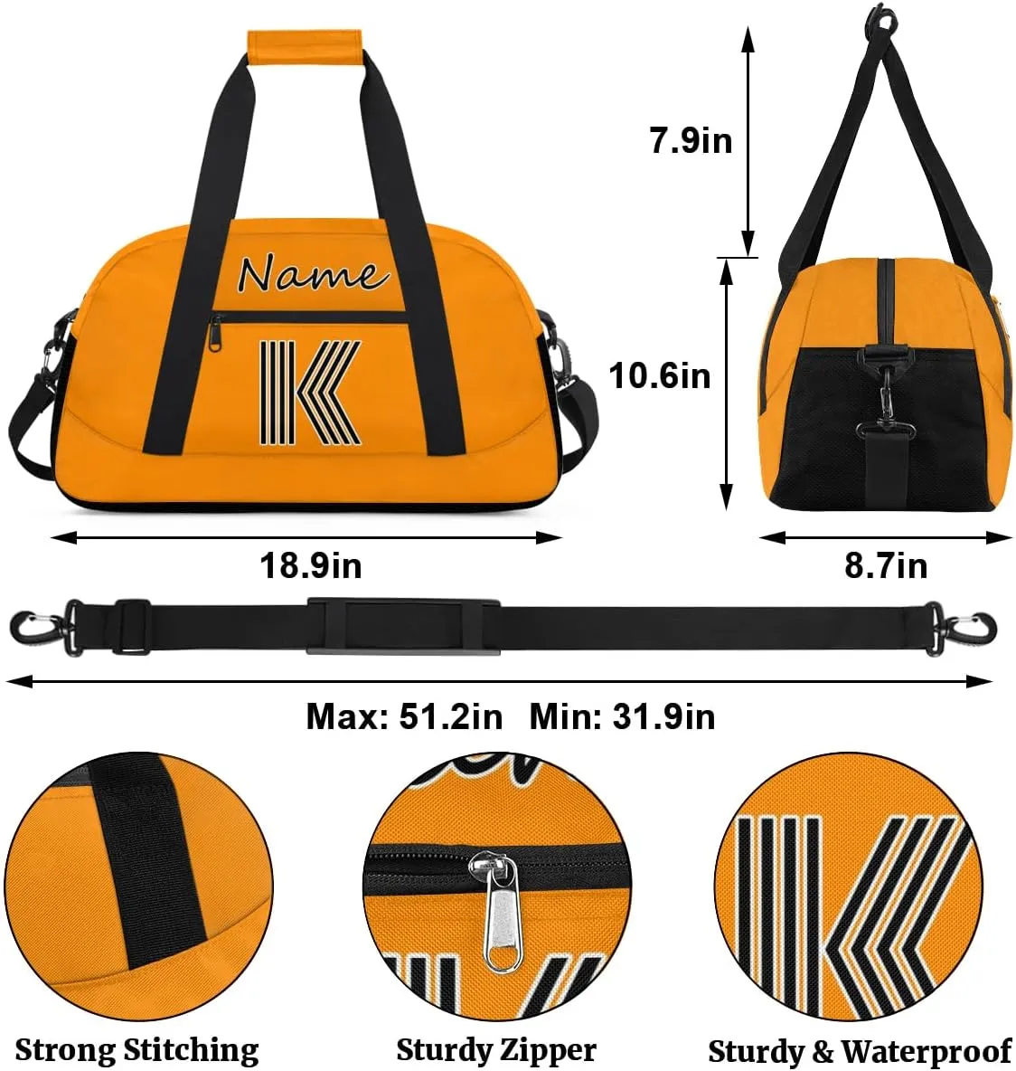 Custom Gym Bag for Women Men, Personalized Initial Duffel Bag with Name, Small Sports Gym Bag Travel Duffle Bag Weekender Carry On Overnight Bags Dark Orange