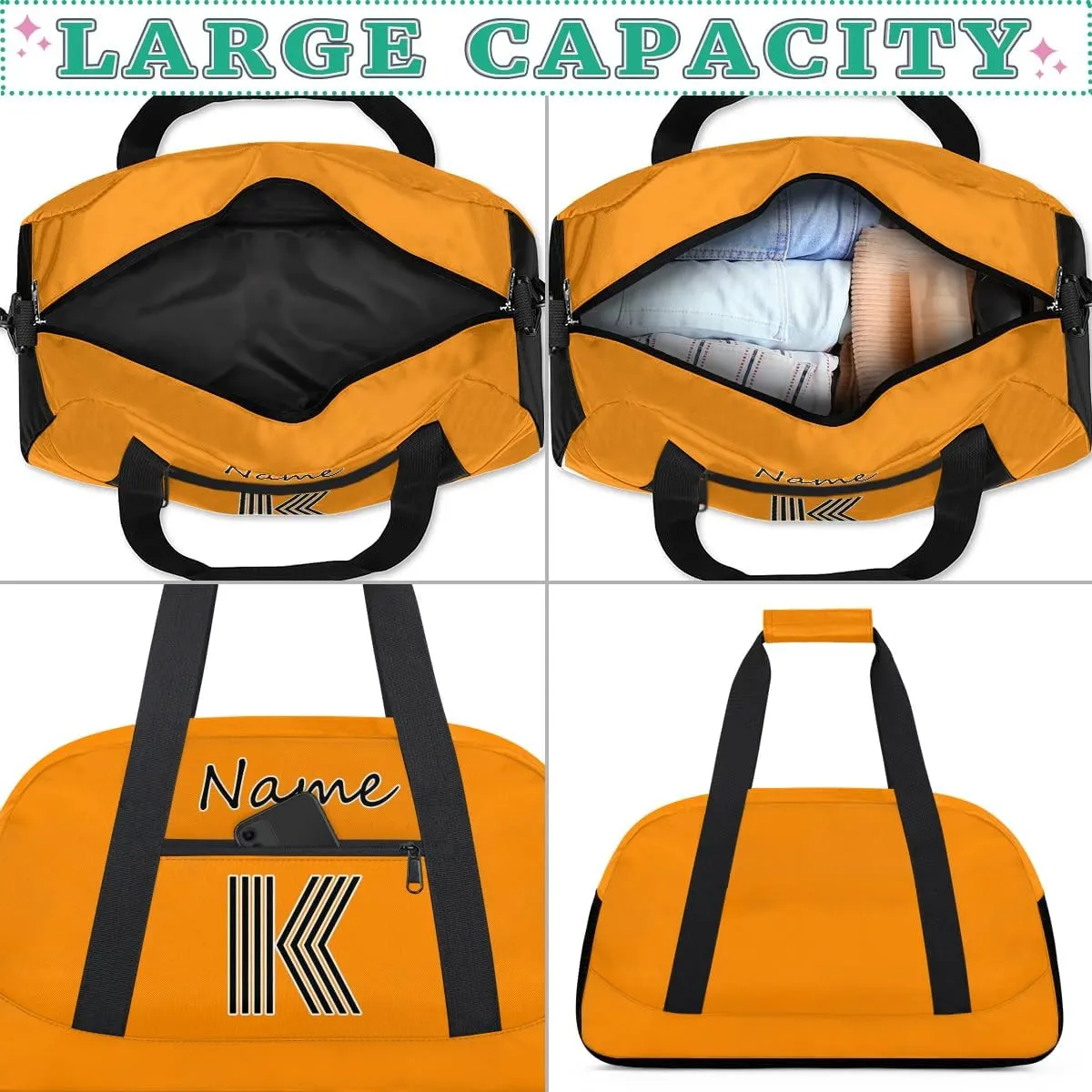 Custom Gym Bag for Women Men, Personalized Initial Duffel Bag with Name, Small Sports Gym Bag Travel Duffle Bag Weekender Carry On Overnight Bags Dark Orange