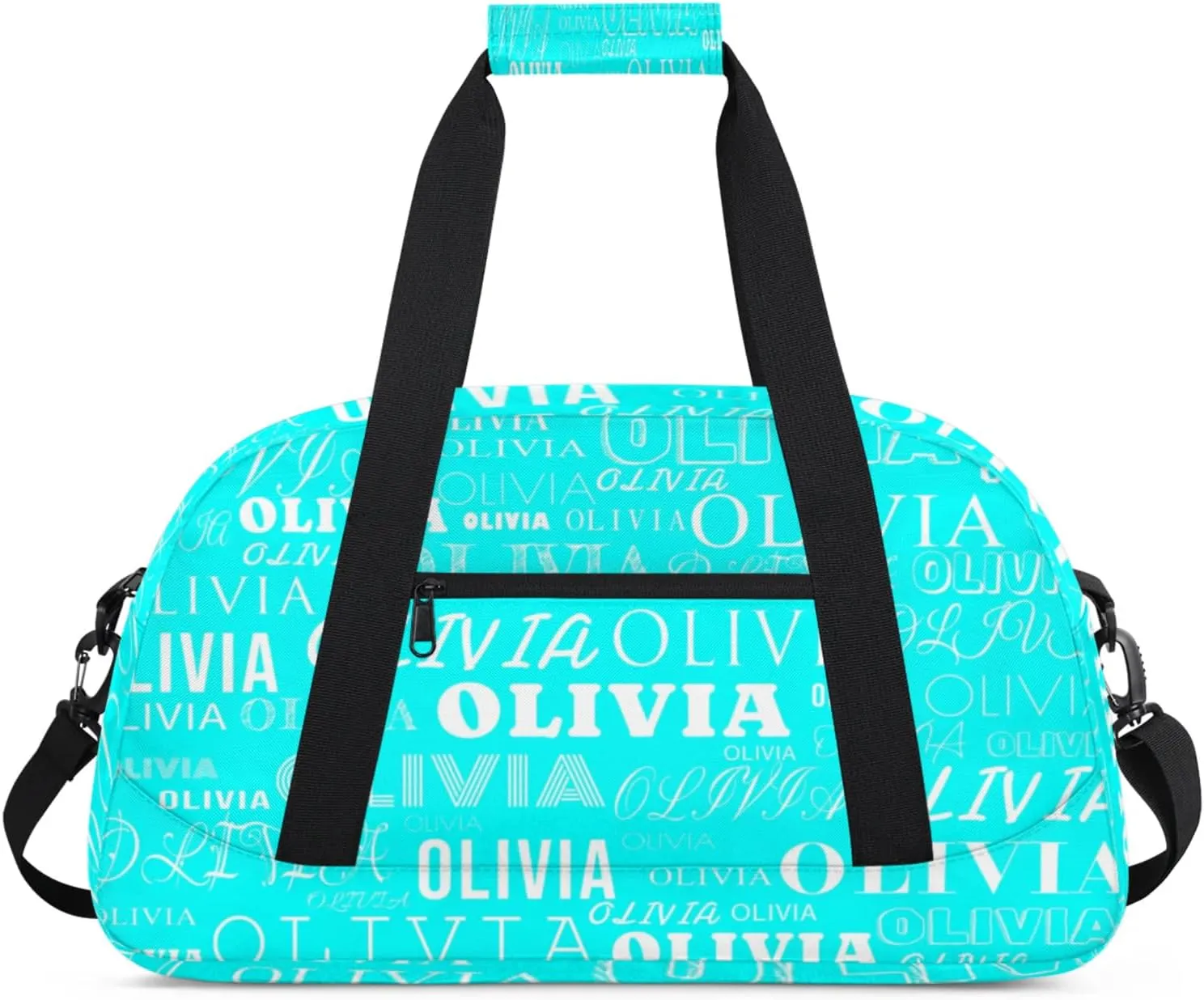 Custom Kids Duffel Bag with Your Name Lightweight Waterproof Personalized Sports Gym Bag with Front Zipper Pocket Foldable Weekender Overnight Bag for School Practice Gymnastic Ballet Cyan
