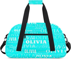 Custom Kids Duffel Bag with Your Name Lightweight Waterproof Personalized Sports Gym Bag with Front Zipper Pocket Foldable Weekender Overnight Bag for School Practice Gymnastic Ballet Cyan