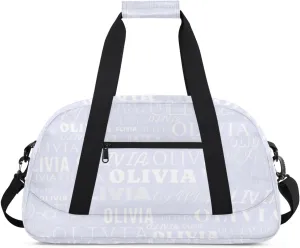 Custom Kids Duffel Bag with Your Name Lightweight Waterproof Personalized Sports Gym Bag with Front Zipper Pocket Foldable Weekender Overnight Bag for School Practice Gymnastic Ballet Silver