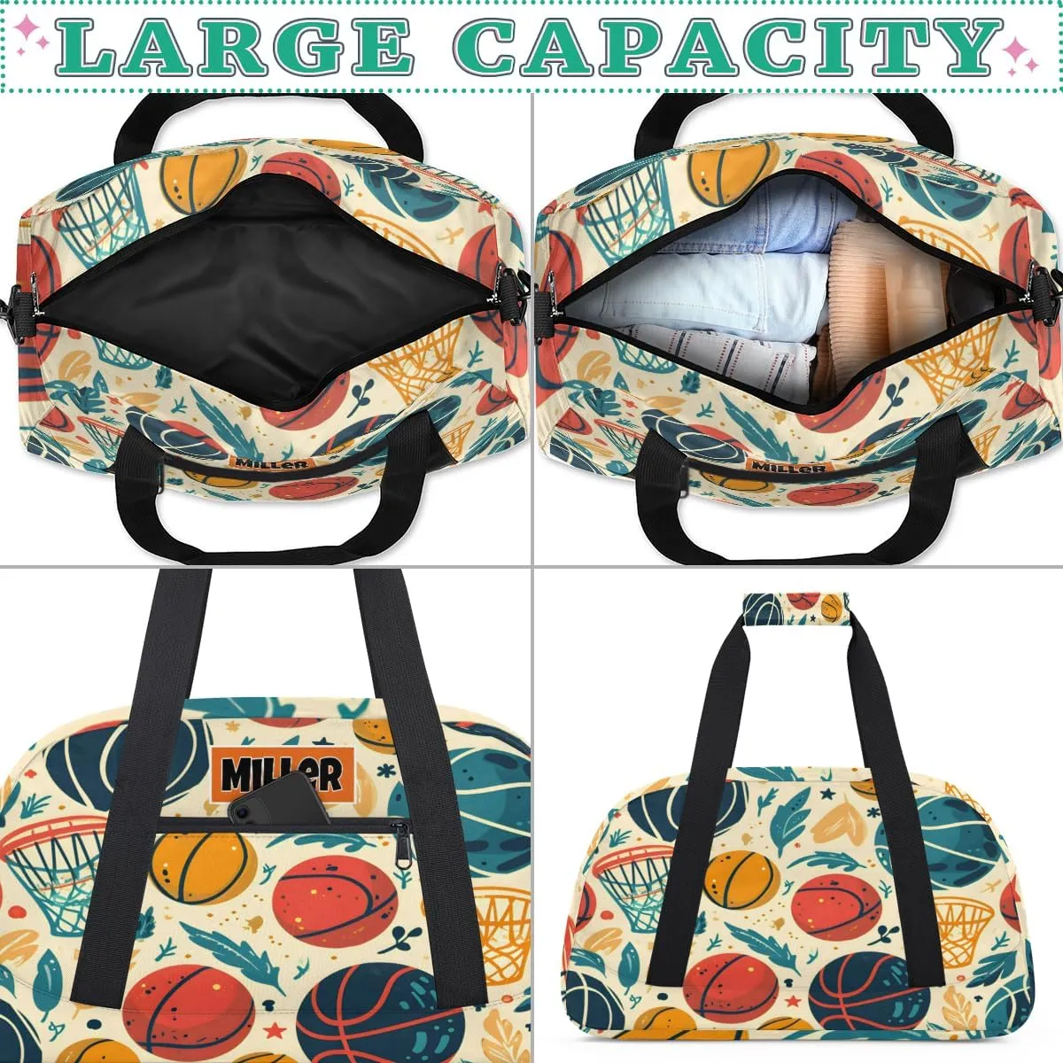 Custom Name Sports Basketball Duffel Bag Boys, Personalized Sportsman Training Bag Travel Weekender Tote Carry-On Fitness Workout Bag, Watercolor Basketball with Leaves