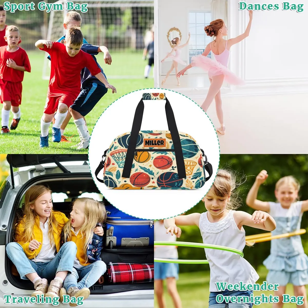 Custom Name Sports Basketball Duffel Bag Boys, Personalized Sportsman Training Bag Travel Weekender Tote Carry-On Fitness Workout Bag, Watercolor Basketball with Leaves