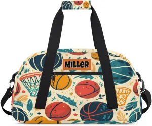 Custom Name Sports Basketball Duffel Bag Boys, Personalized Sportsman Training Bag Travel Weekender Tote Carry-On Fitness Workout Bag, Watercolor Basketball with Leaves
