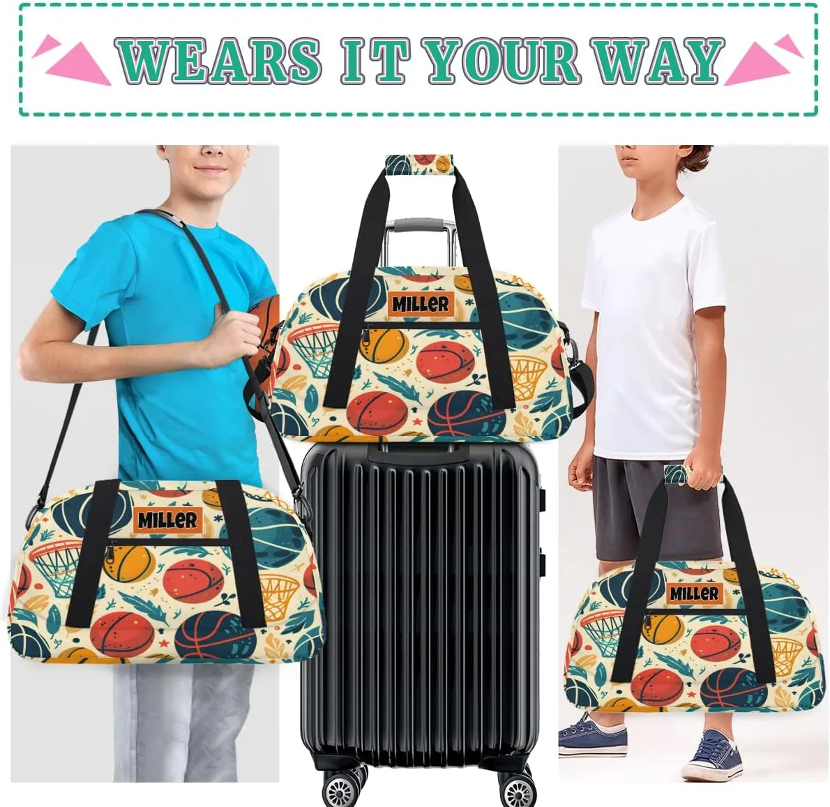 Custom Name Sports Basketball Duffel Bag Boys, Personalized Sportsman Training Bag Travel Weekender Tote Carry-On Fitness Workout Bag, Watercolor Basketball with Leaves