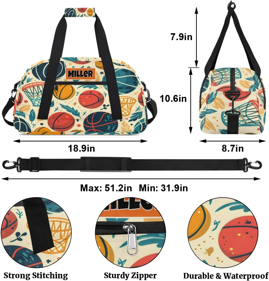 Custom Name Sports Basketball Duffel Bag Boys, Personalized Sportsman Training Bag Travel Weekender Tote Carry-On Fitness Workout Bag, Watercolor Basketball with Leaves