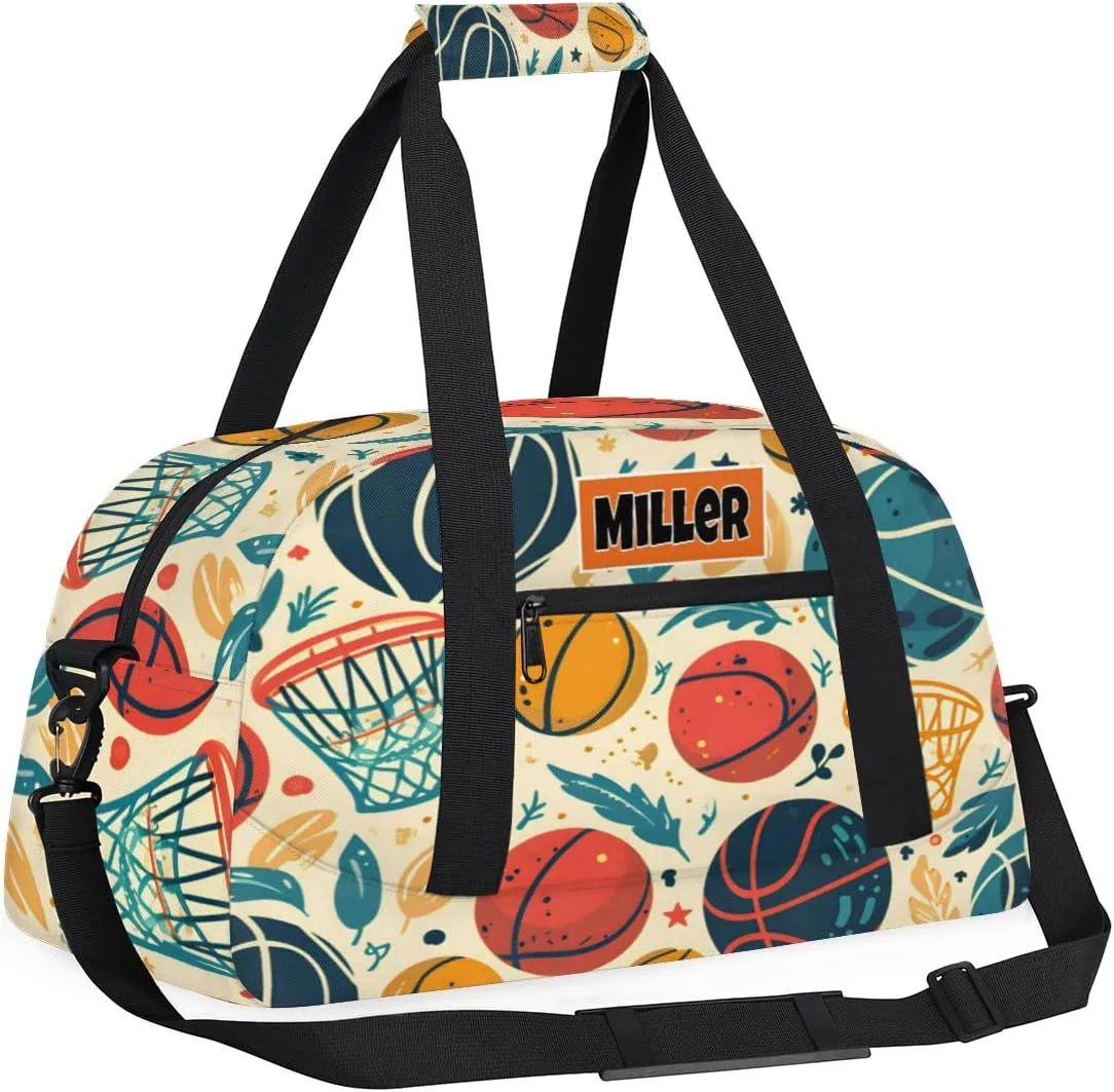 Custom Name Sports Basketball Duffel Bag Boys, Personalized Sportsman Training Bag Travel Weekender Tote Carry-On Fitness Workout Bag, Watercolor Basketball with Leaves