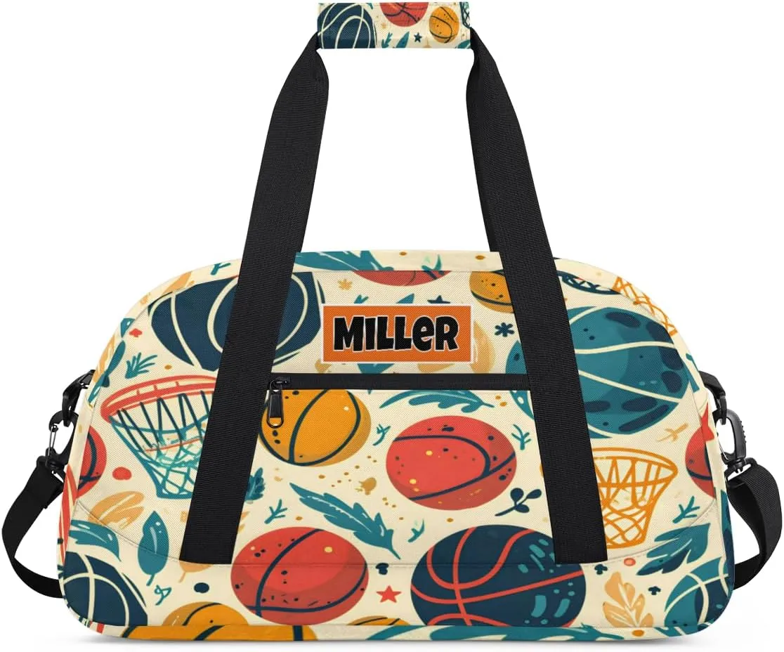 Custom Name Sports Basketball Duffel Bag Boys, Personalized Sportsman Training Bag Travel Weekender Tote Carry-On Fitness Workout Bag, Watercolor Basketball with Leaves