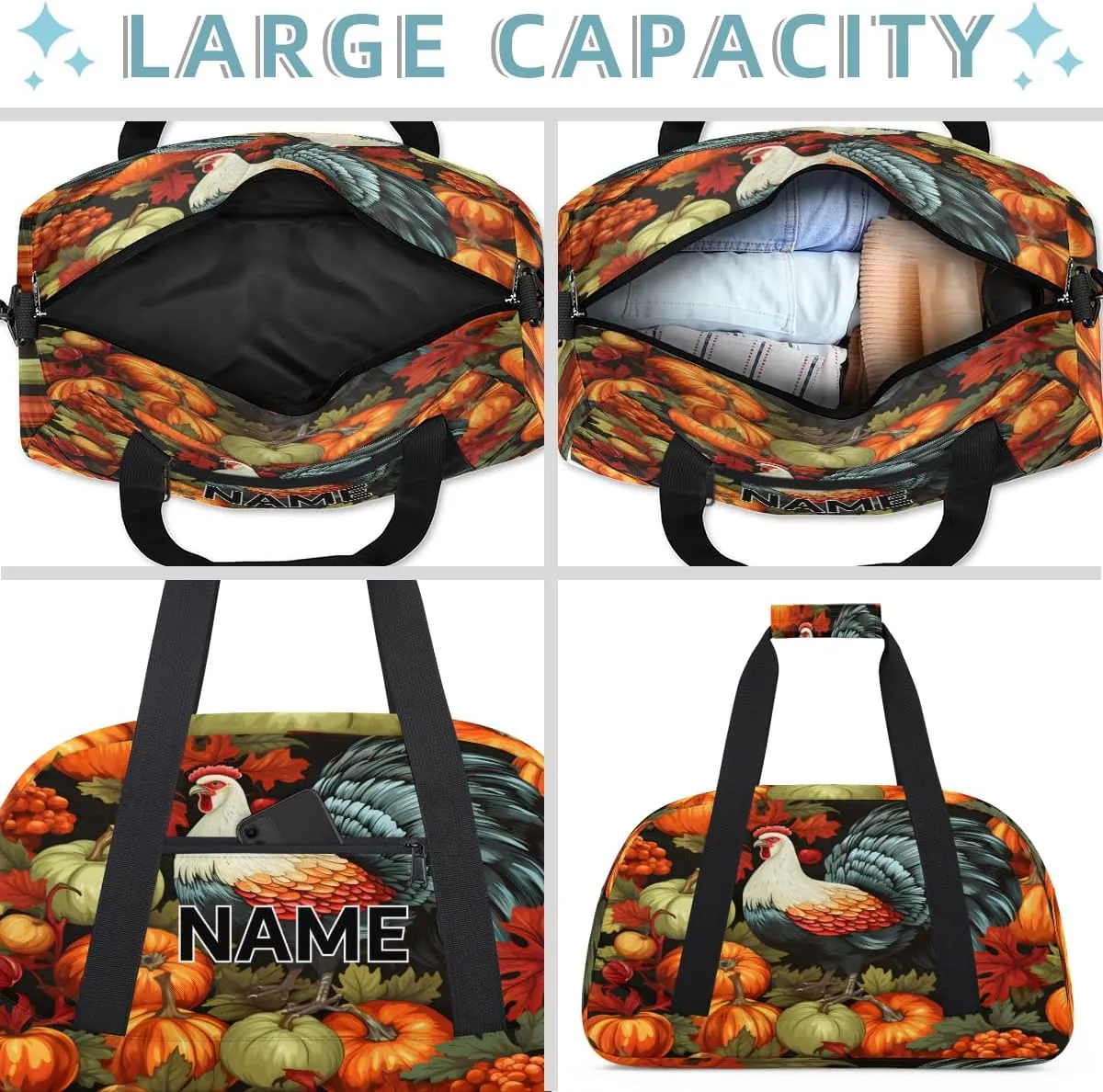 Custom Thanksgiving Turkey Small Gym Bag 18 inch for Women Men Personalized Pumpkin Thanksgiving Carry On Overnight Weekender Bag for Travel Work Dance Sport
