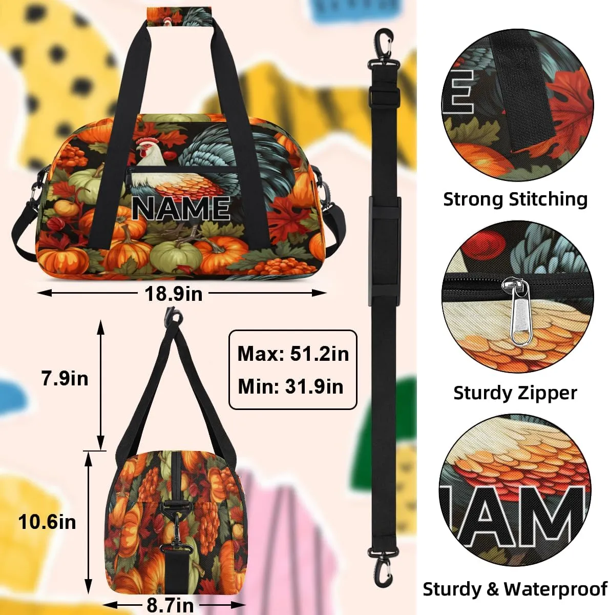 Custom Thanksgiving Turkey Small Gym Bag 18 inch for Women Men Personalized Pumpkin Thanksgiving Carry On Overnight Weekender Bag for Travel Work Dance Sport