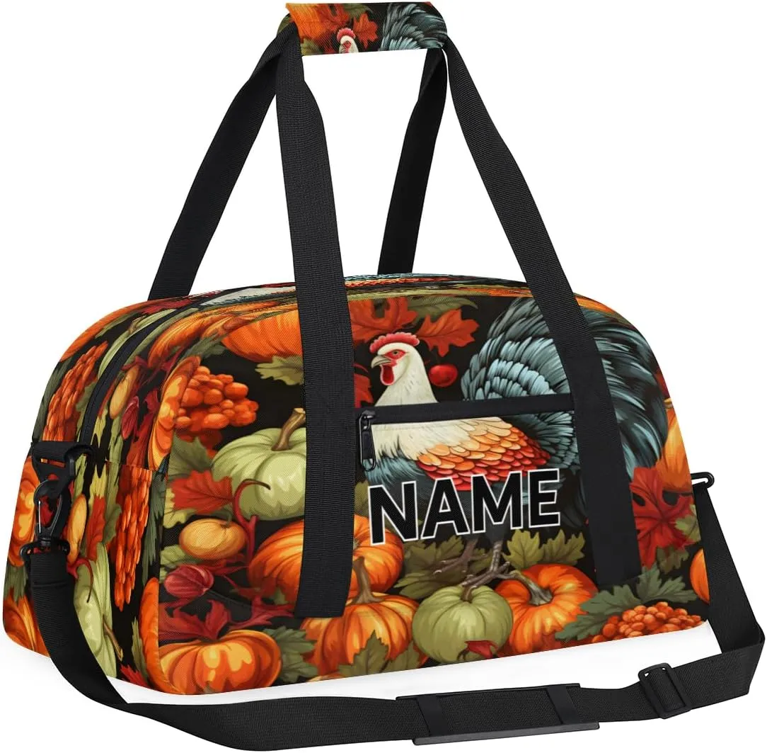 Custom Thanksgiving Turkey Small Gym Bag 18 inch for Women Men Personalized Pumpkin Thanksgiving Carry On Overnight Weekender Bag for Travel Work Dance Sport