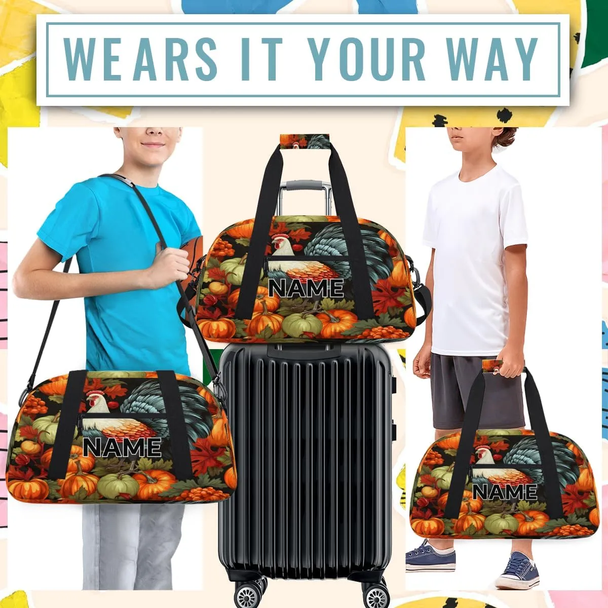 Custom Thanksgiving Turkey Small Gym Bag 18 inch for Women Men Personalized Pumpkin Thanksgiving Carry On Overnight Weekender Bag for Travel Work Dance Sport