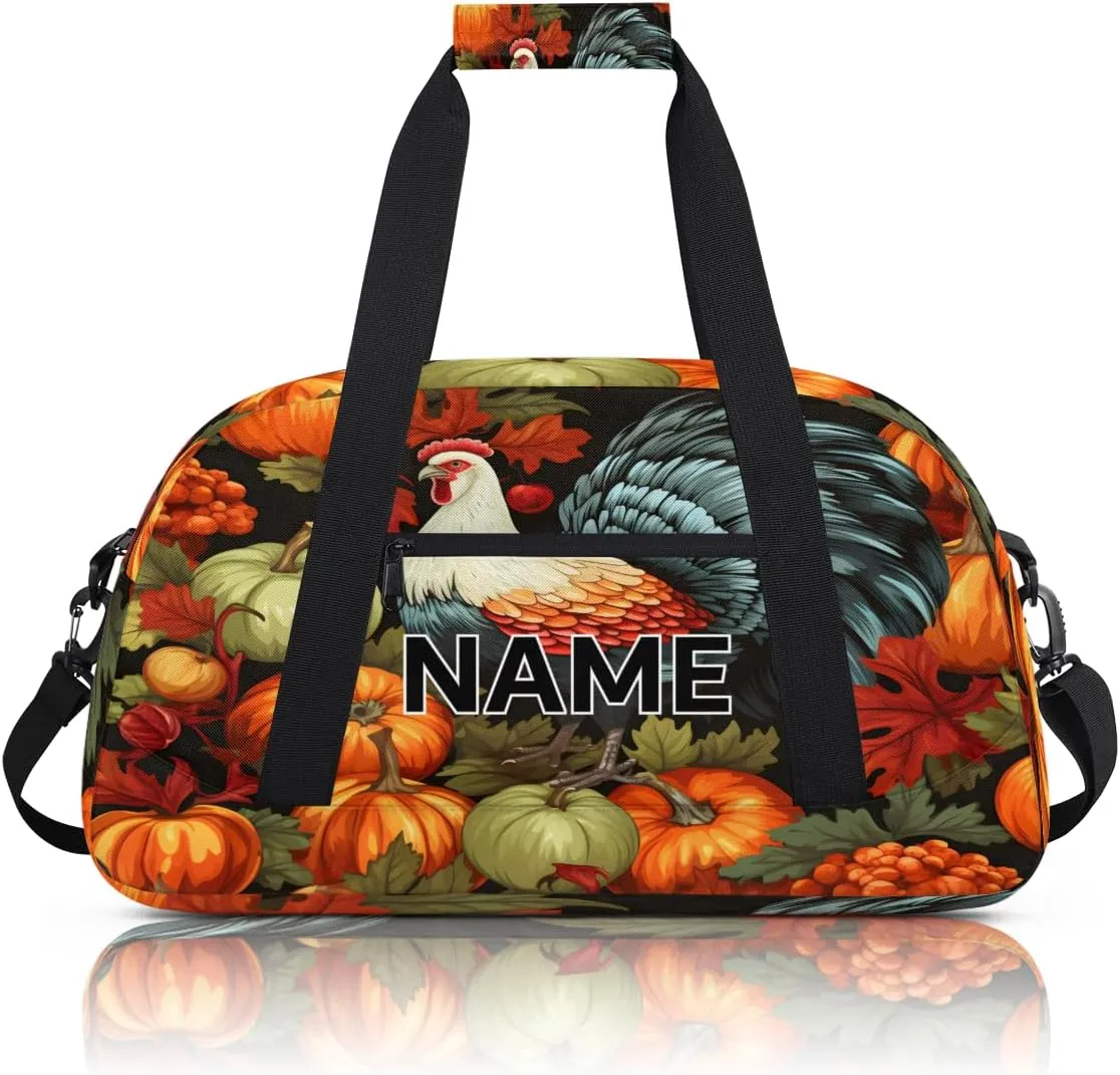Custom Thanksgiving Turkey Small Gym Bag 18 inch for Women Men Personalized Pumpkin Thanksgiving Carry On Overnight Weekender Bag for Travel Work Dance Sport