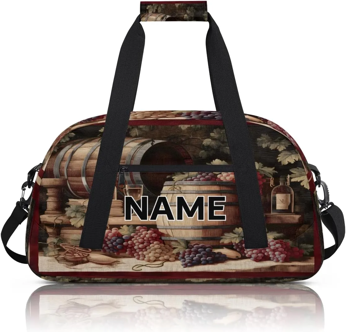 Custom Winery Small Gym Bag 18 inch for Women Men Personalized Red Wine Glass Grapes Carry On Overnight Weekender Bag for Travel Work Dance Sport