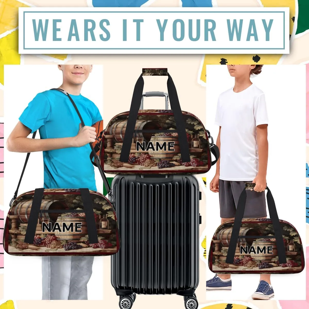 Custom Winery Small Gym Bag 18 inch for Women Men Personalized Red Wine Glass Grapes Carry On Overnight Weekender Bag for Travel Work Dance Sport