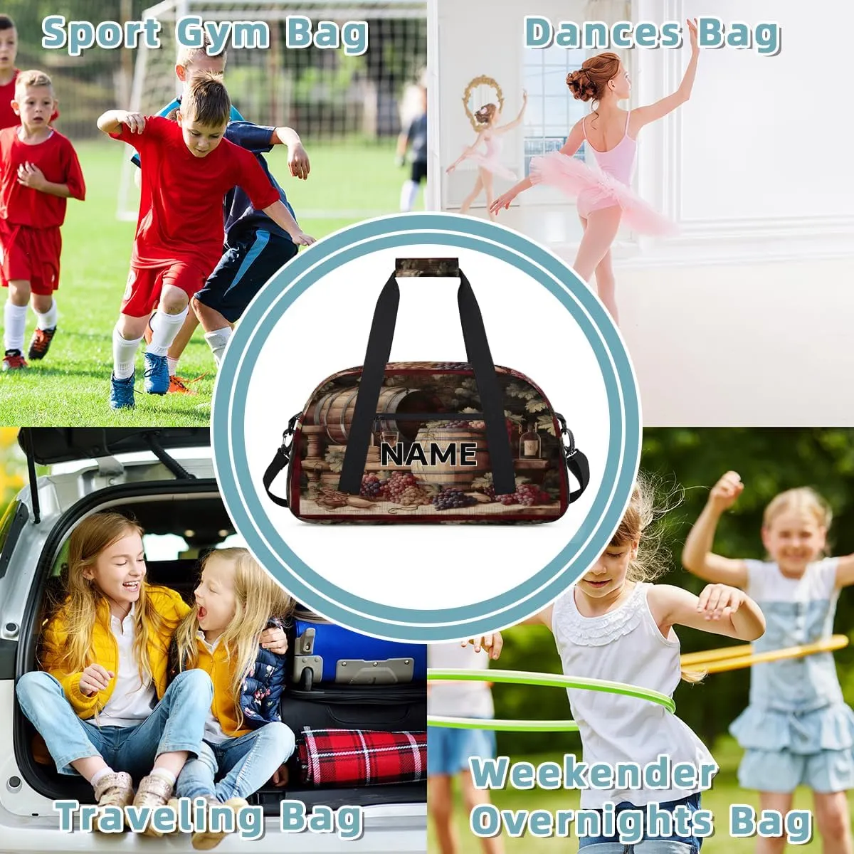 Custom Winery Small Gym Bag 18 inch for Women Men Personalized Red Wine Glass Grapes Carry On Overnight Weekender Bag for Travel Work Dance Sport