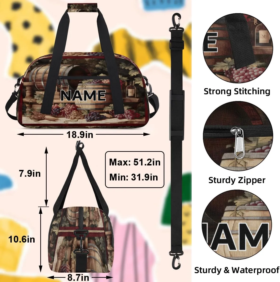 Custom Winery Small Gym Bag 18 inch for Women Men Personalized Red Wine Glass Grapes Carry On Overnight Weekender Bag for Travel Work Dance Sport