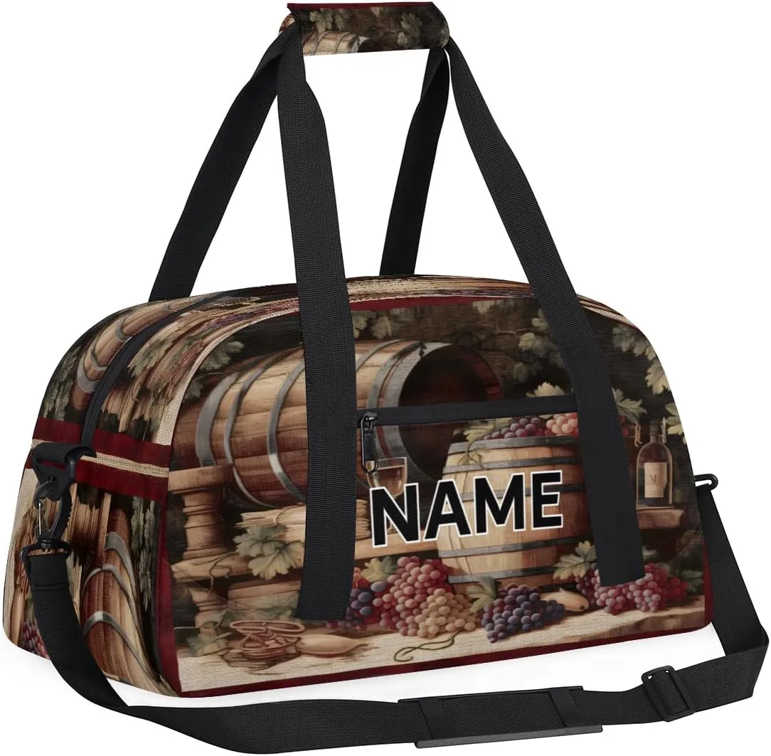 Custom Winery Small Gym Bag 18 inch for Women Men Personalized Red Wine Glass Grapes Carry On Overnight Weekender Bag for Travel Work Dance Sport