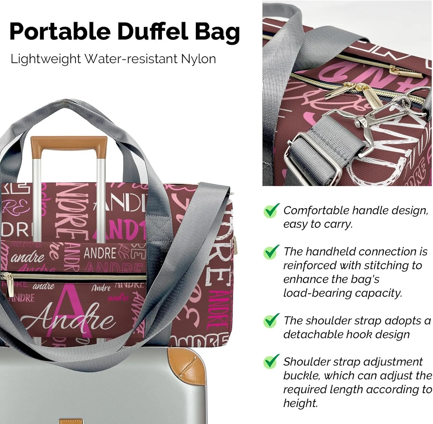 Customized Travel Duffel Bag with Name Brown Pink Personalized Sports Gym Bag Waterproof Weekend Luggage Bag