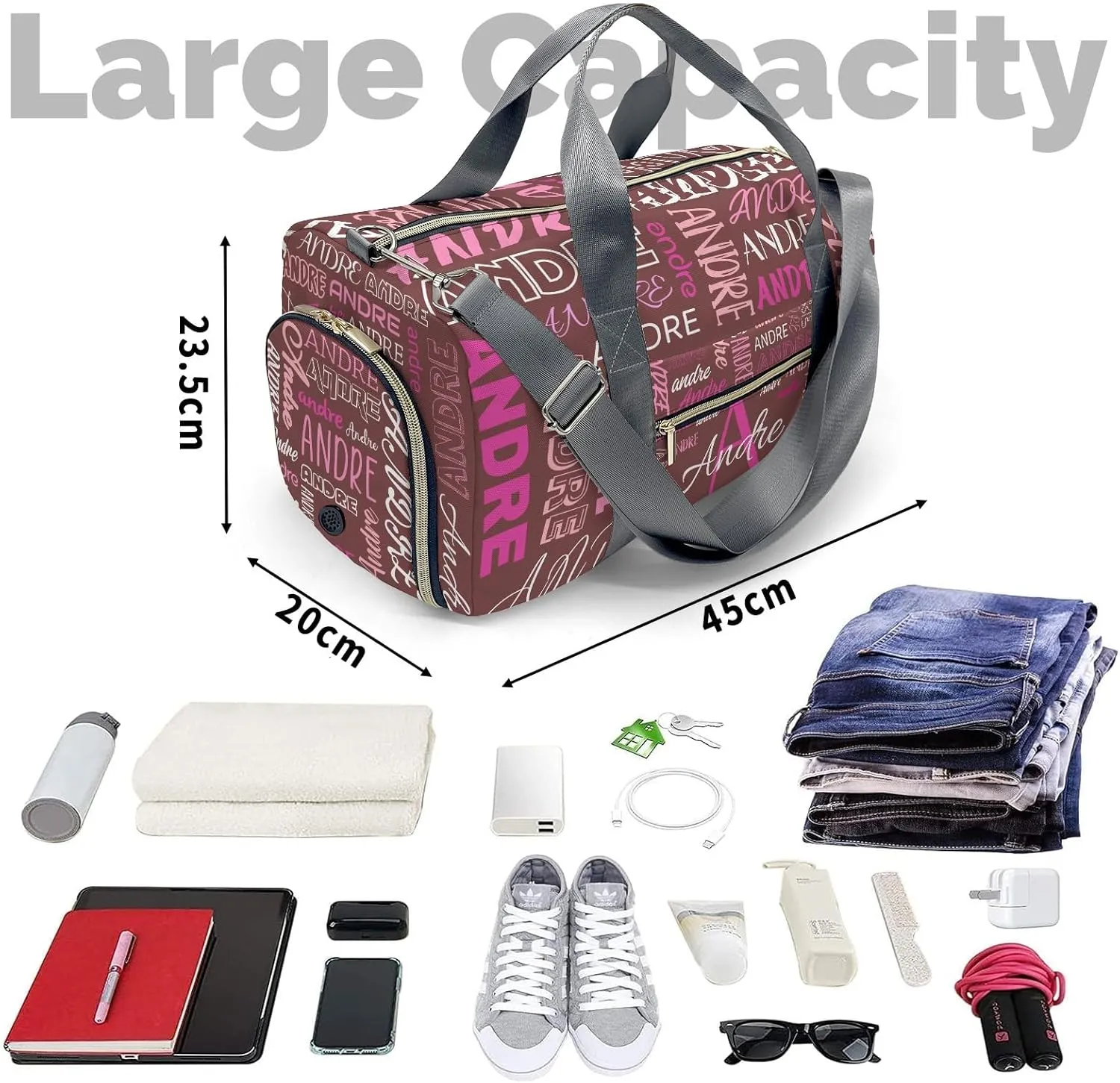 Customized Travel Duffel Bag with Name Brown Pink Personalized Sports Gym Bag Waterproof Weekend Luggage Bag