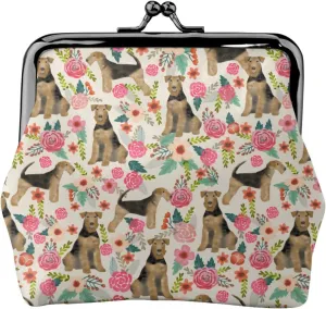 Cute Airedale Terrier Dog Puppy Lovers Print Coin Purses For Women Pu Leather Vintage Buckle Coin Kiss-Lock Change Purse Card Holder Pouch Wallets Small Makeup Bags Pink Flowers Florals Handbag Gifts
