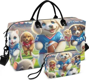 Cute Animals Sports Dog Duffel Bag Womens Cosmetic Pouch Set of 2, Funny Sports Duffle Bag Carry on Bag