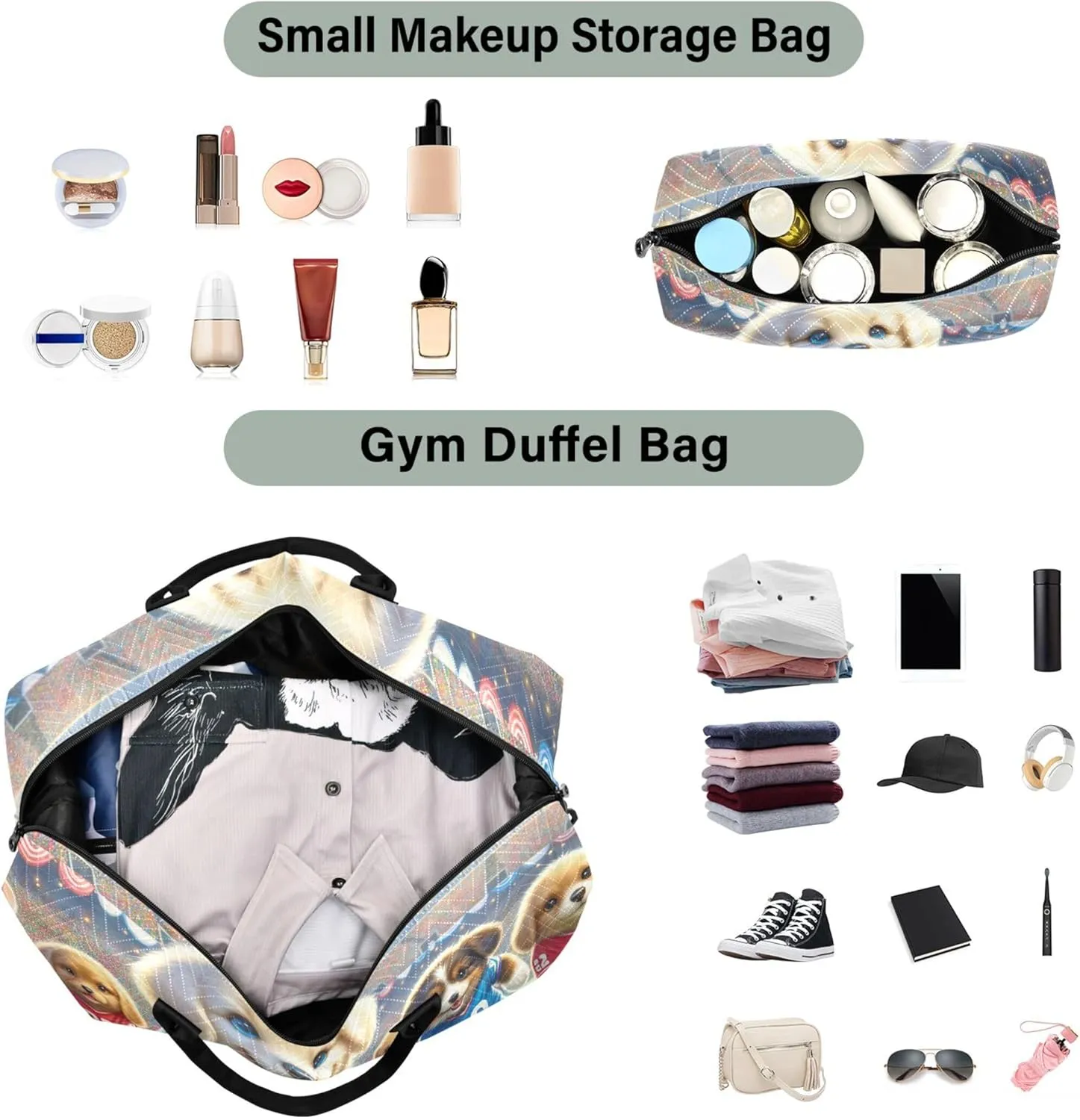 Cute Animals Sports Dog Duffel Bag Womens Cosmetic Pouch Set of 2, Funny Sports Duffle Bag Carry on Bag