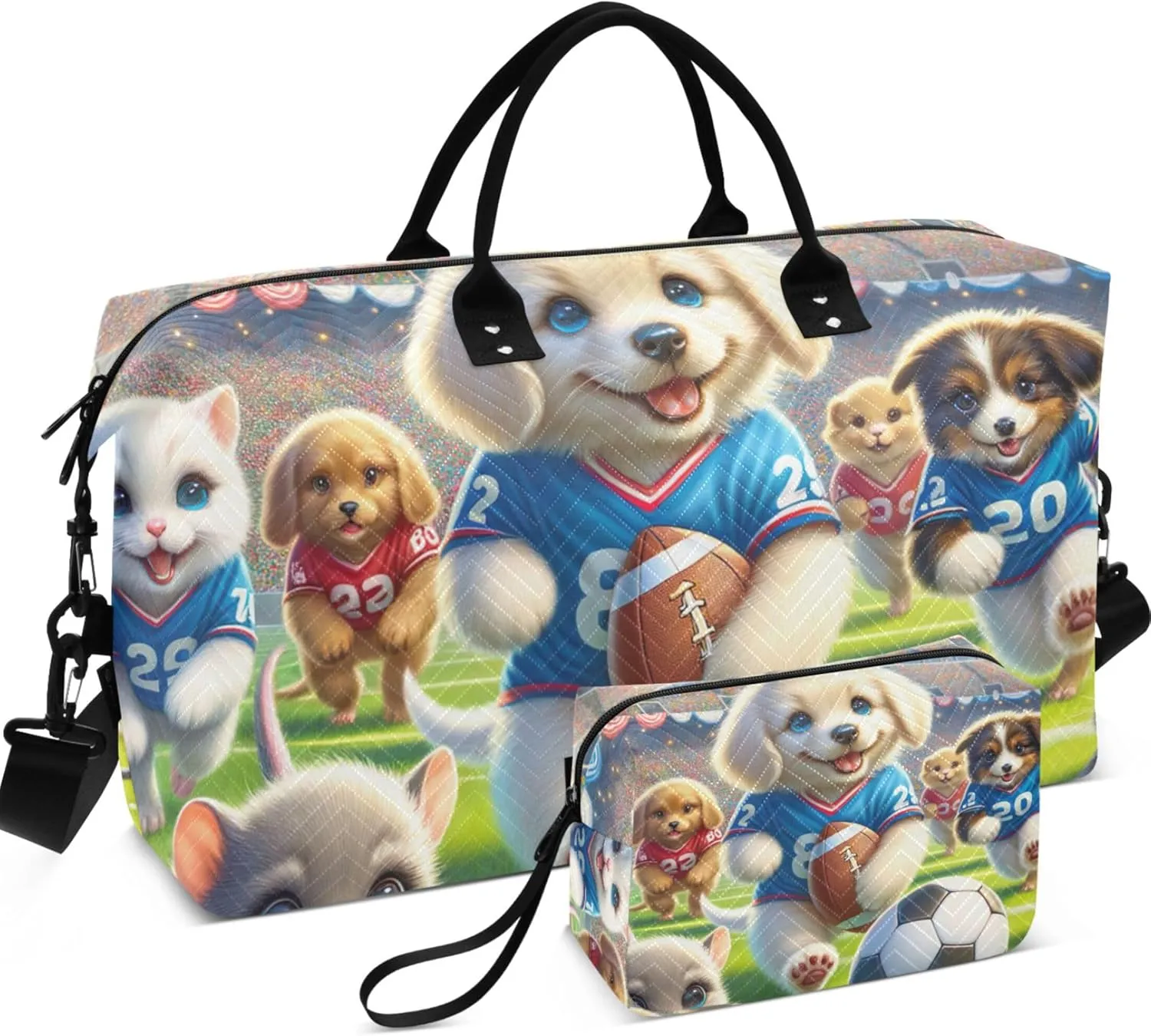 Cute Animals Sports Dog Duffel Bag Womens Cosmetic Pouch Set of 2, Funny Sports Duffle Bag Carry on Bag