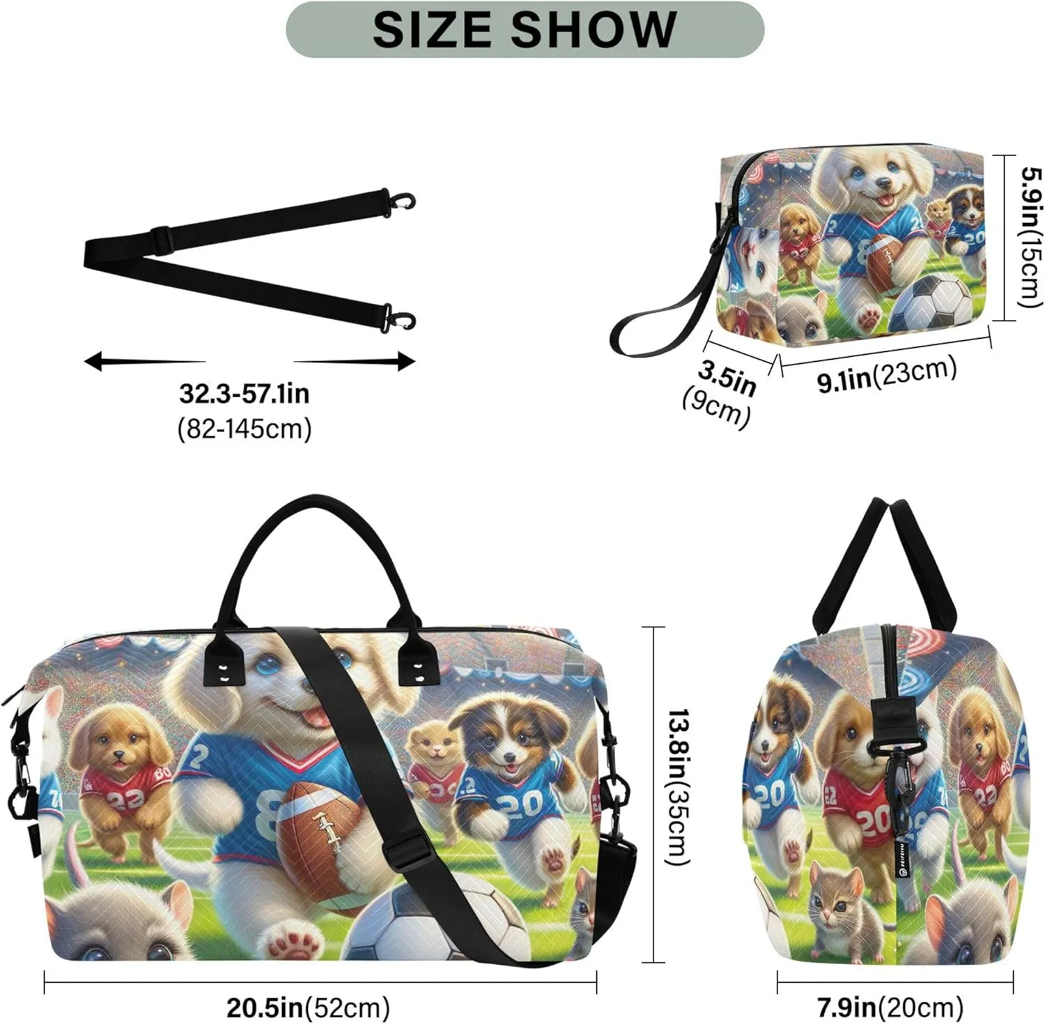 Cute Animals Sports Dog Duffel Bag Womens Cosmetic Pouch Set of 2, Funny Sports Duffle Bag Carry on Bag