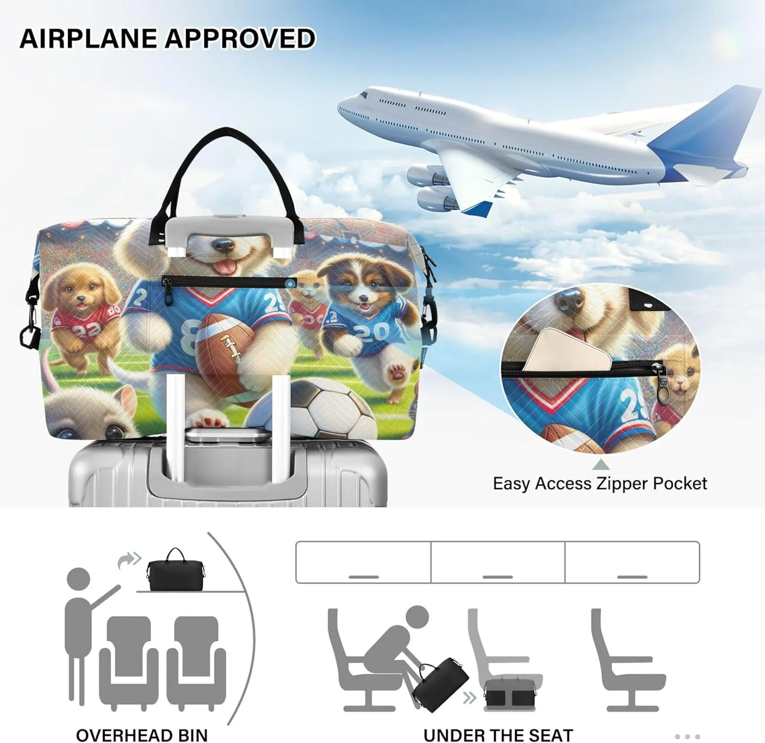 Cute Animals Sports Dog Duffel Bag Womens Cosmetic Pouch Set of 2, Funny Sports Duffle Bag Carry on Bag