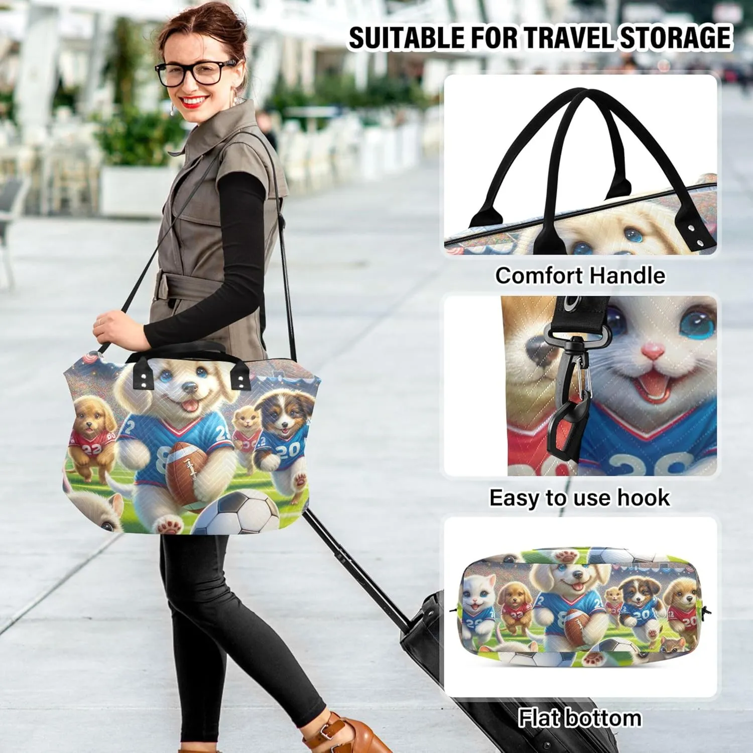Cute Animals Sports Dog Duffel Bag Womens Cosmetic Pouch Set of 2, Funny Sports Duffle Bag Carry on Bag