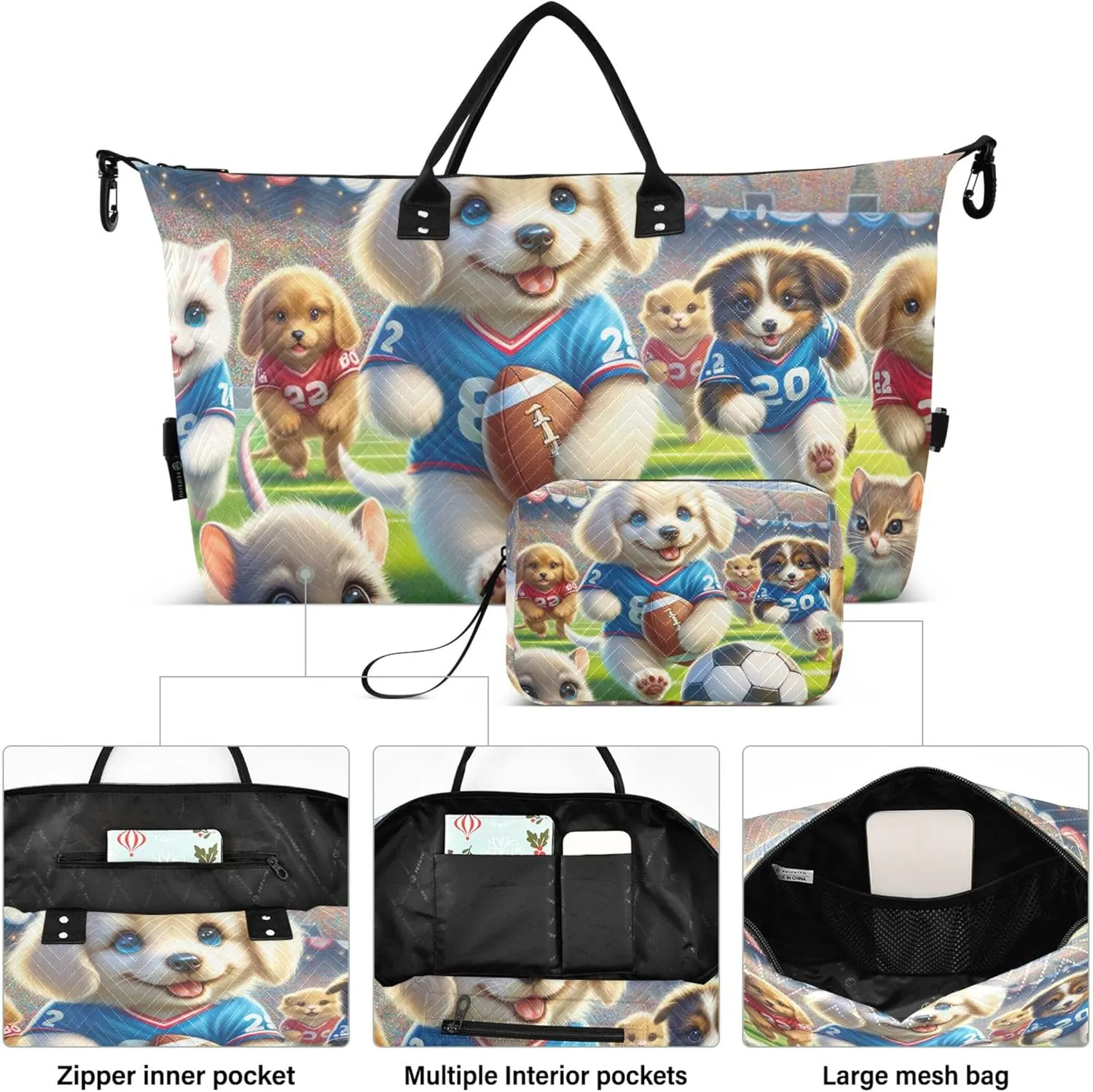 Cute Animals Sports Dog Duffel Bag Womens Cosmetic Pouch Set of 2, Funny Sports Duffle Bag Carry on Bag