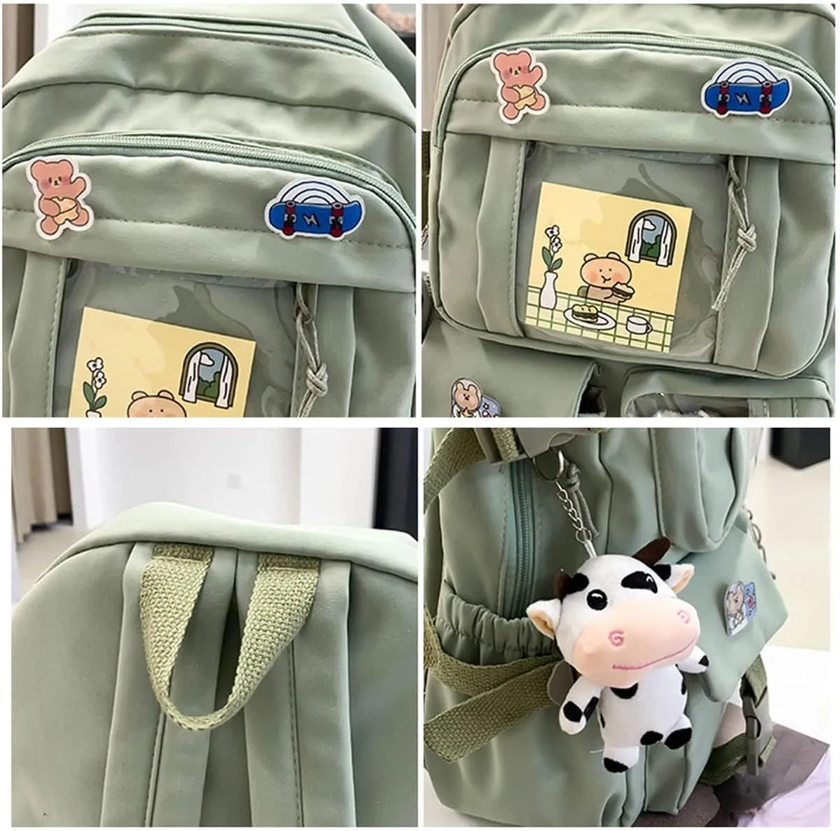 Cute Backpack with Cute Pin Accessories Plush Pendant for School Bag Student Girl Backpack Super-Capacity Waterproof Travel Backpack(Green-2)
