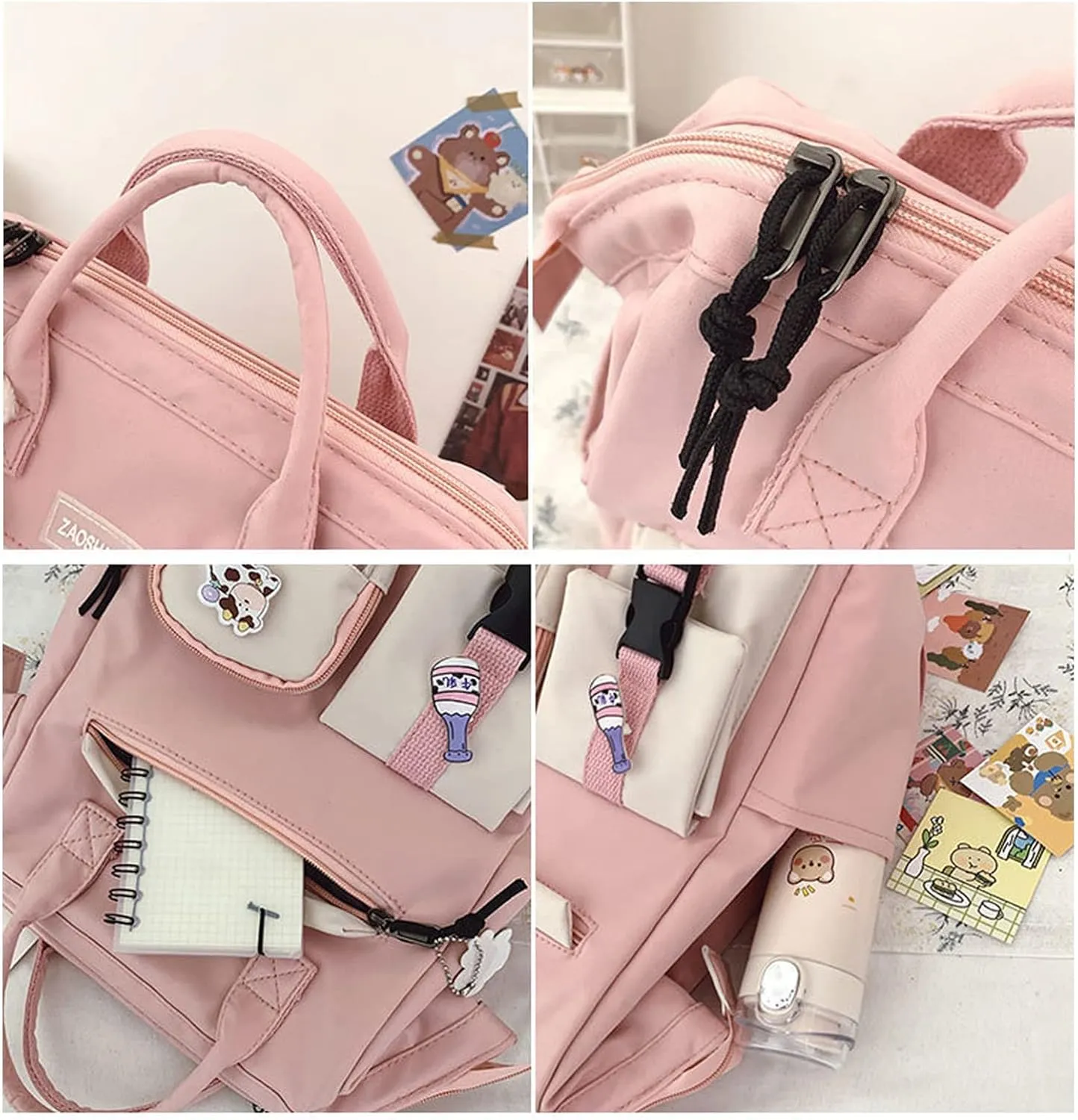 Cute Backpack with Cute Pin Accessories Plush Pendant for School Bag Student Girl Backpack Super-Capacity Waterproof Travel Backpack(Pink-3)