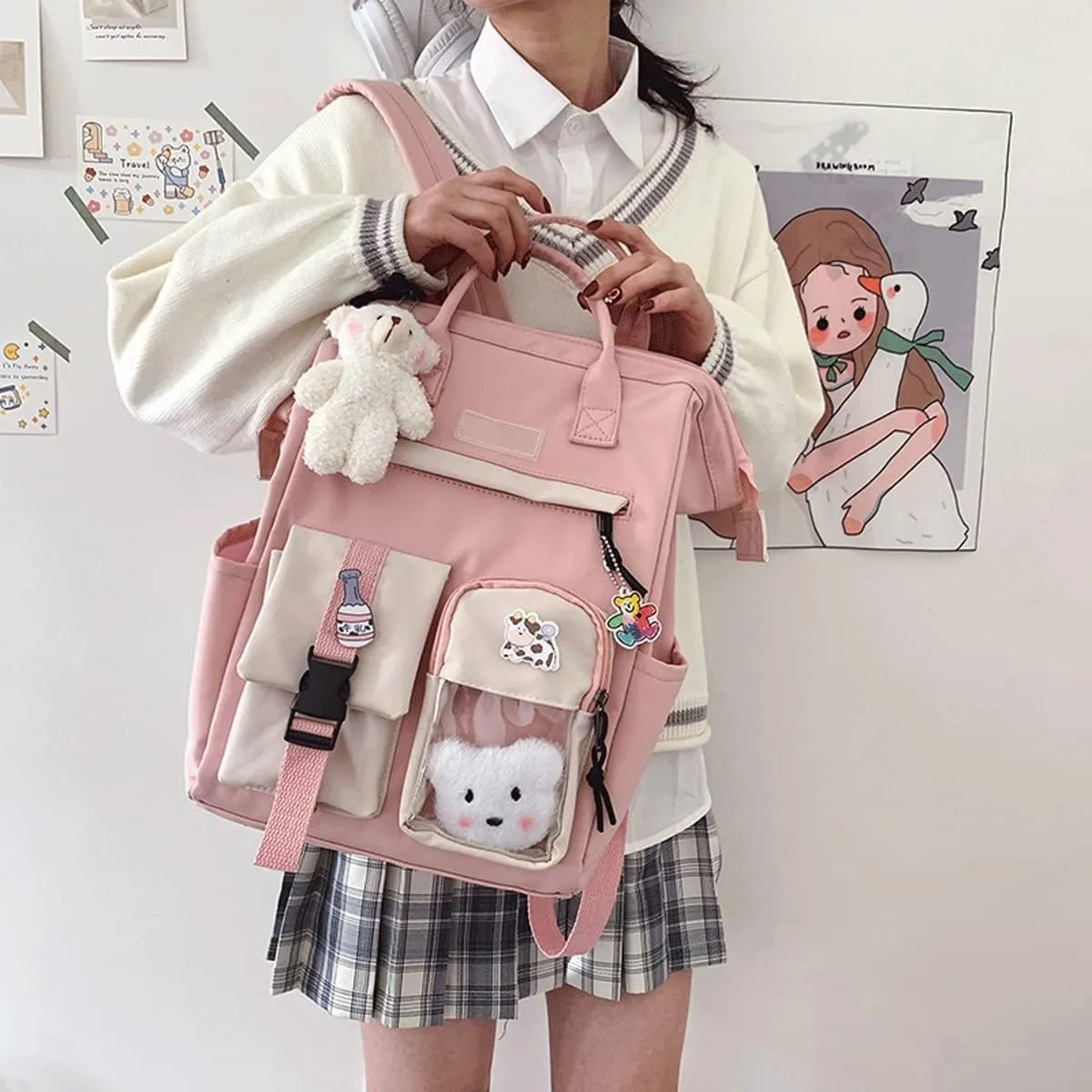 Cute Backpack with Cute Pin Accessories Plush Pendant for School Bag Student Girl Backpack Super-Capacity Waterproof Travel Backpack(Pink-3)