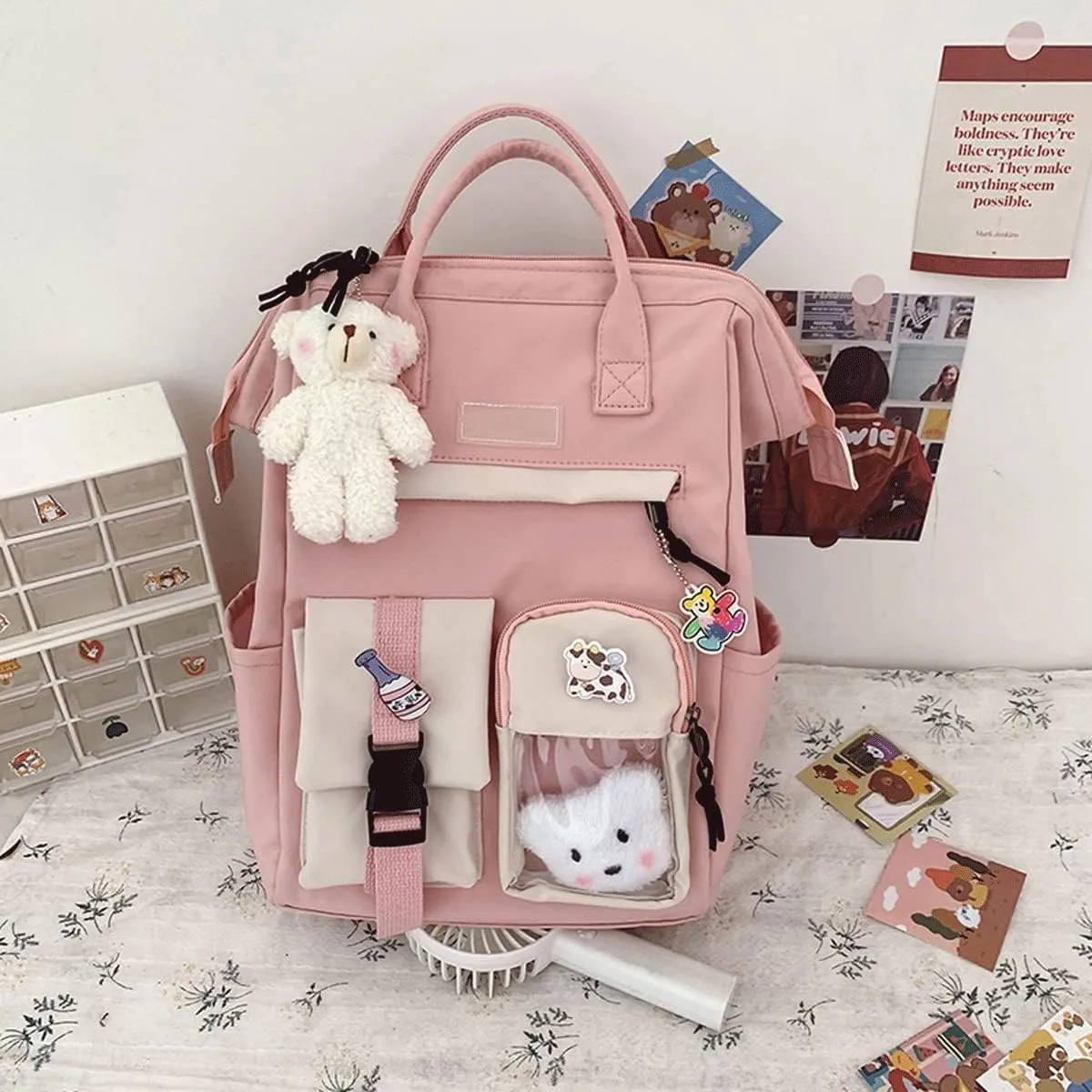 Cute Backpack with Cute Pin Accessories Plush Pendant for School Bag Student Girl Backpack Super-Capacity Waterproof Travel Backpack(Pink-3)