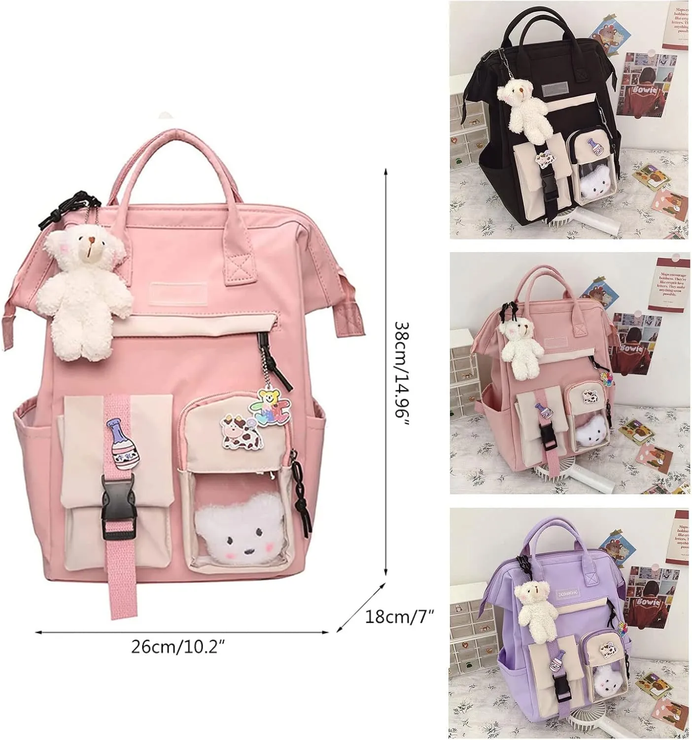 Cute Backpack with Cute Pin Accessories Plush Pendant for School Bag Student Girl Backpack Super-Capacity Waterproof Travel Backpack(Pink-3)