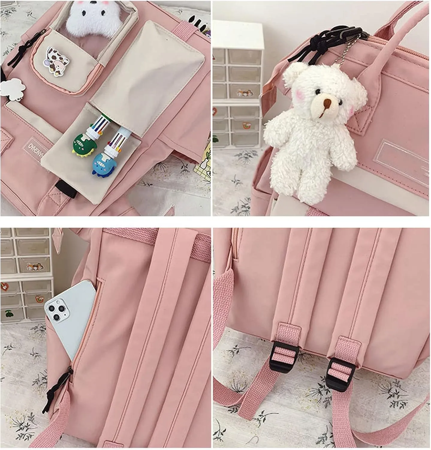 Cute Backpack with Cute Pin Accessories Plush Pendant for School Bag Student Girl Backpack Super-Capacity Waterproof Travel Backpack(Pink-3)